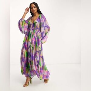 ASOS EDITION ruched gathered waist chiffon maxi dress floral print NWT Sz 6